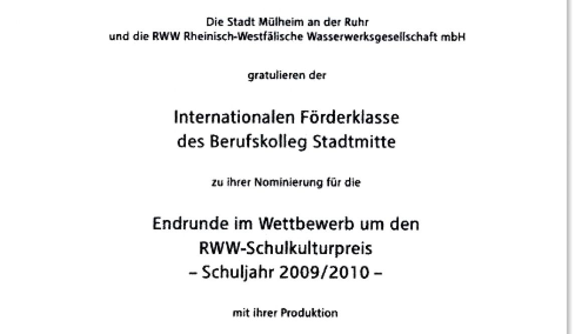 Urkunde - RWW-Schulkulturpreis 2009/2010