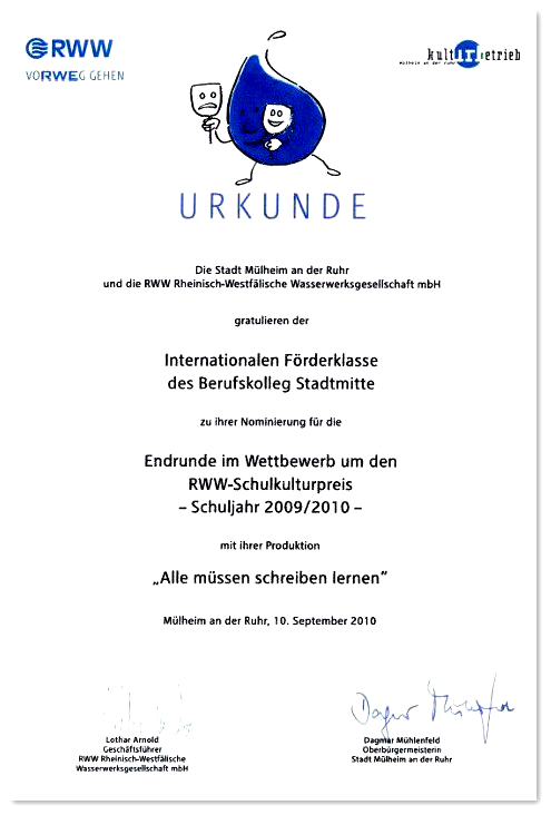 Urkunde - RWW-Schulkulturpreis 2009/2010