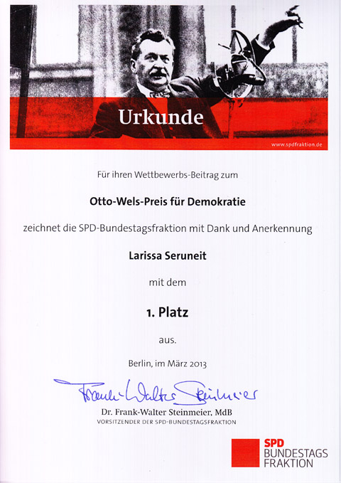 Bundeswettbewerb für Demokratie – Otto-Wels-Preis - Urkunde