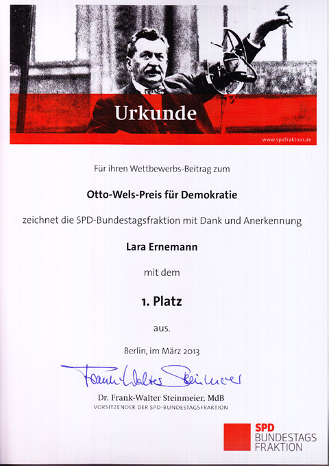 Bundeswettbewerb für Demokratie – Otto-Wels-Preis - Urkunde