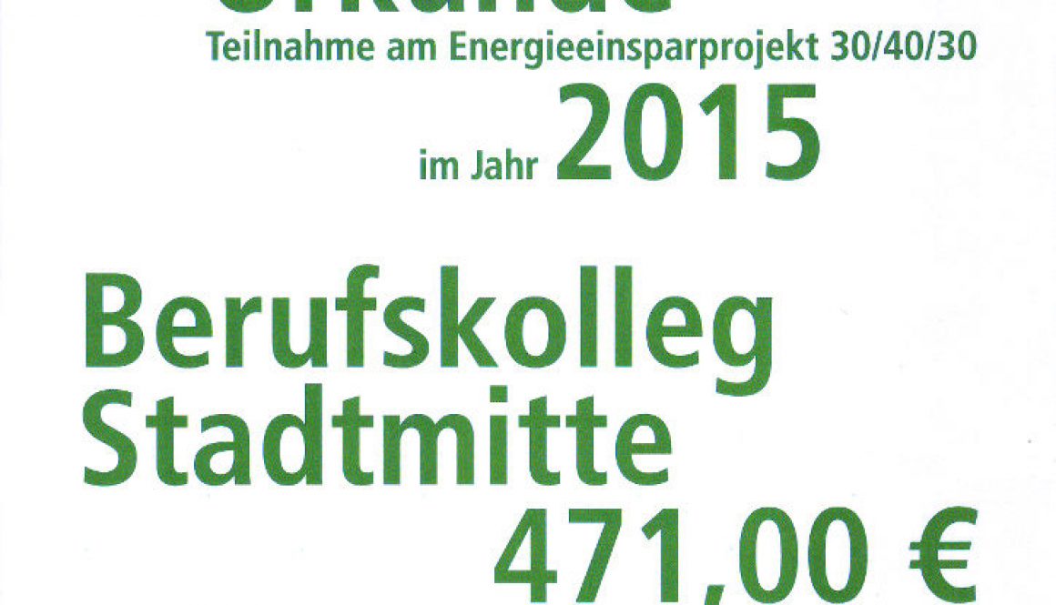 Urkunde zur Teilnahme am Energiesparprojekt 30/40/30 im Jahr 2015