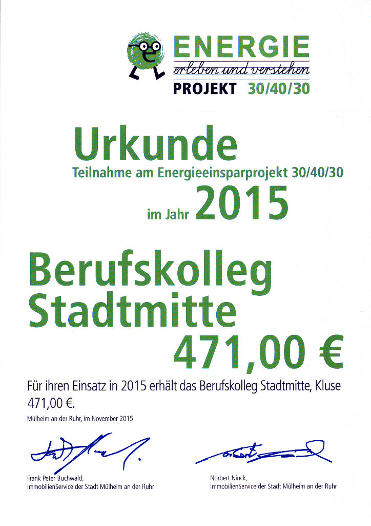 Urkunde zur Teilnahme am Energiesparprojekt 30/40/30 im Jahr 2015